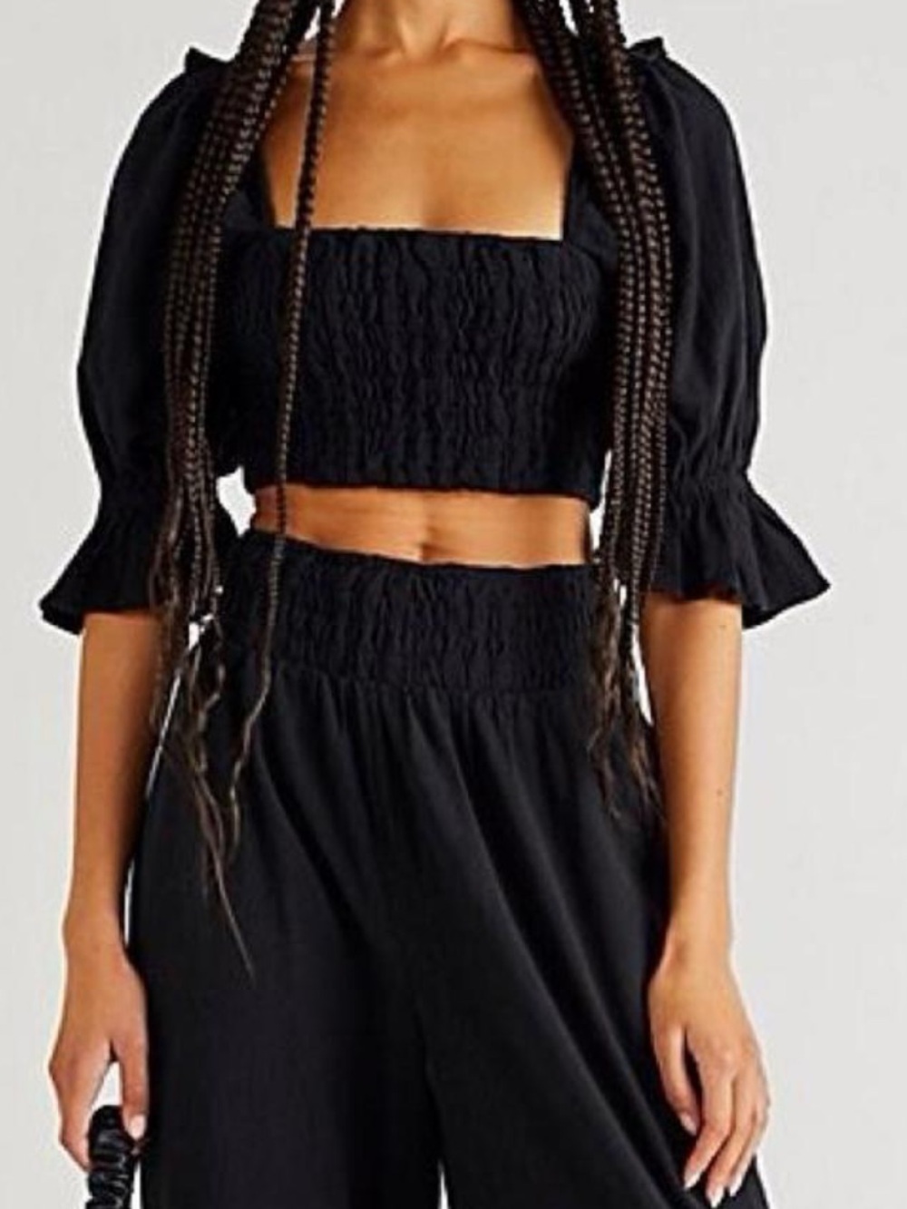 Free People Black Smocked Square-Neck Crop Top with Puff Sleeves Size S